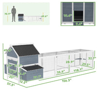 156Extra Large Wooden Chicken Coop With 2 Nesting Box, Run Cage, Waterproof Wave Roof, For 10-15 Chickens, Light GrayMul