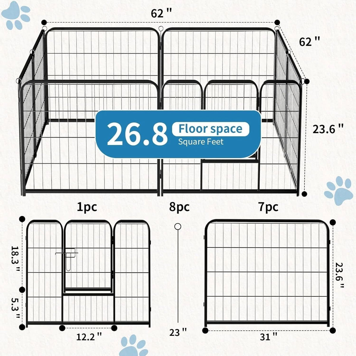 Indoor Outdoor Dog Playpen, Premium Pet Puppy Fence With Gate, Portable Cage