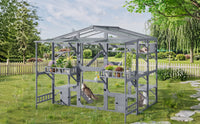Large Outdoor Catio for 6-10 Cats, Pine Wood Cat Cage Outdoor with Weatherproof Roof, 6 Platforms, Climbing Ramp, 1 Rest