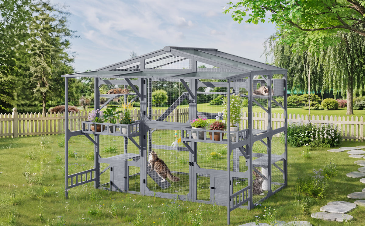 Large Outdoor Catio for 6-10 Cats, Pine Wood Cat Cage Outdoor with Weatherproof Roof, 6 Platforms, Climbing Ramp, 1 Rest