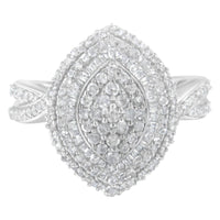 .925 Sterling Silver 1.0 Cttw Round & Baguette-Cut Diamond Marquise-Shaped Cluster Triple Stepped Halo Cocktail Fashion Ring (I-J Color, I2-I3 Clarity) - Size 7