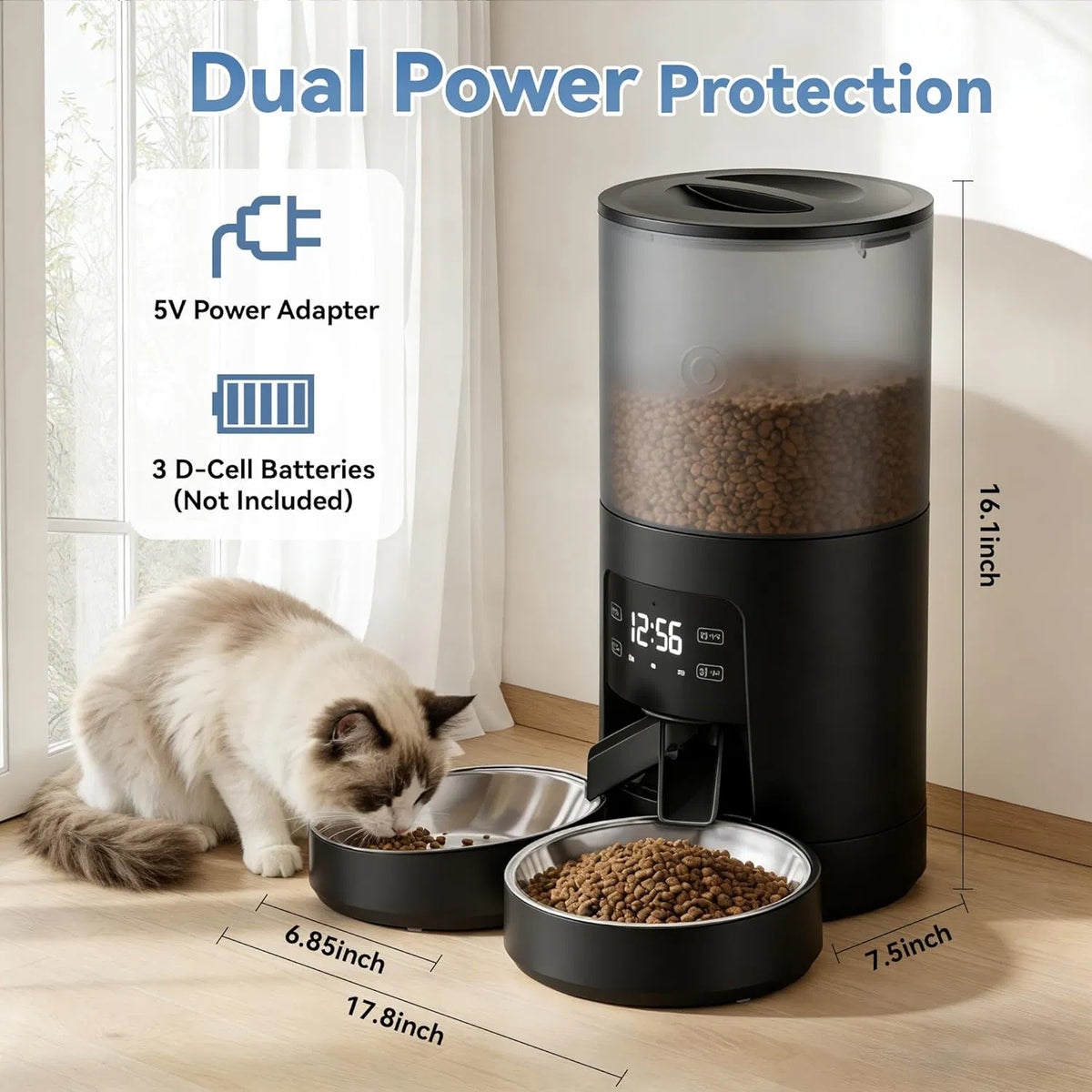 6L Automatic Cat Feeder for 2 Cats, Timed Cat Food Dispenser with 2 Stainless Bowls, 10s Voice Recorder, Dual Power Supp