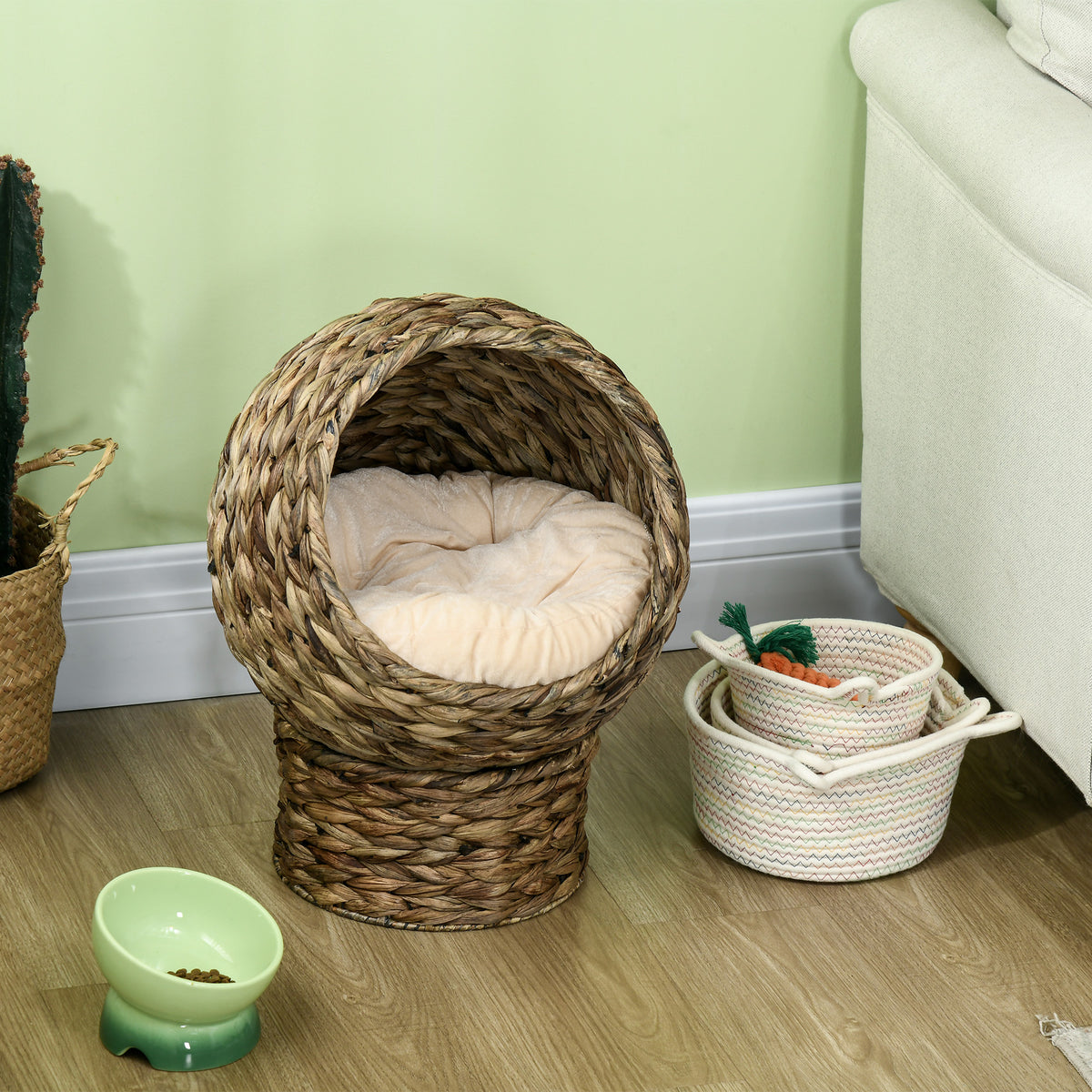Handwoven Elevated Cat Bed with Soft Cushion & Egg Chair Shape, Basket Bed Kitty House with Stand, Raised Wicker House f