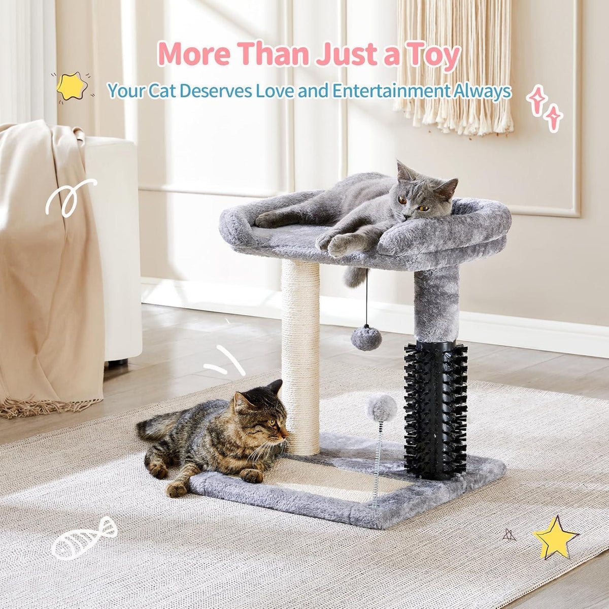 Small 4-in-1 Cat Tree Tower With Self-grooming Brush And Natural Sisal Scratching Post, Soft Plush Cat Bed And Hanging B