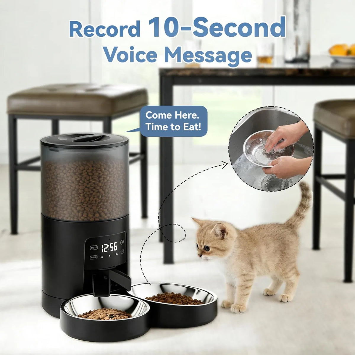 6L Automatic Cat Feeder for 2 Cats, Timed Cat Food Dispenser with 2 Stainless Bowls, 10s Voice Recorder, Dual Power Supp