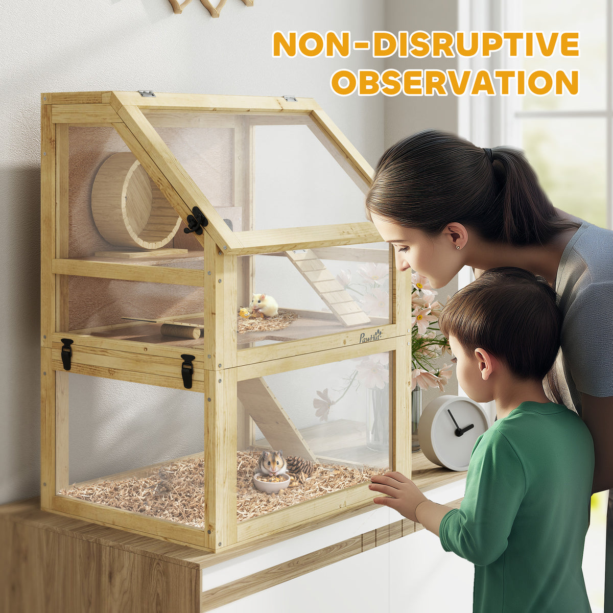 3 Tier Wooden Hamster Cage w/ Detachable Bottom, Hut, Seesaw, Exercise Wheel, Ramps, 24" x 16" x 29.5"