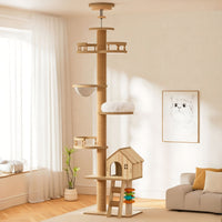 Floor to Ceiling Cat Tree, Cat Tower with Scratching Post, Adjustable Height(98-110 Inch), Large Wood Condo Cave Bed and
