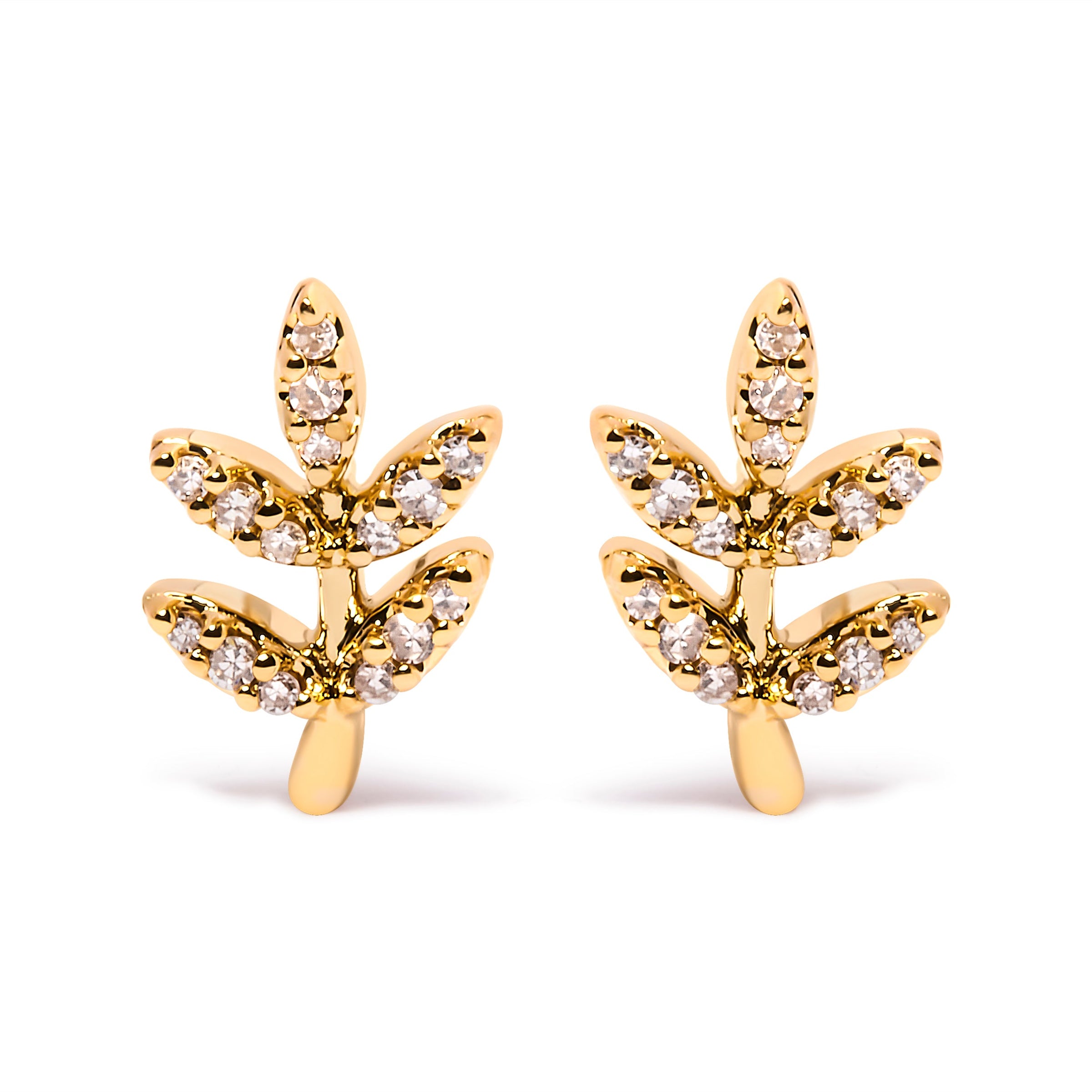 10K Yellow Gold 1/10 Cttw Diamond Accented Leaf and Branch Stud Earrings (H-I Color, I1-I2 Clarity)