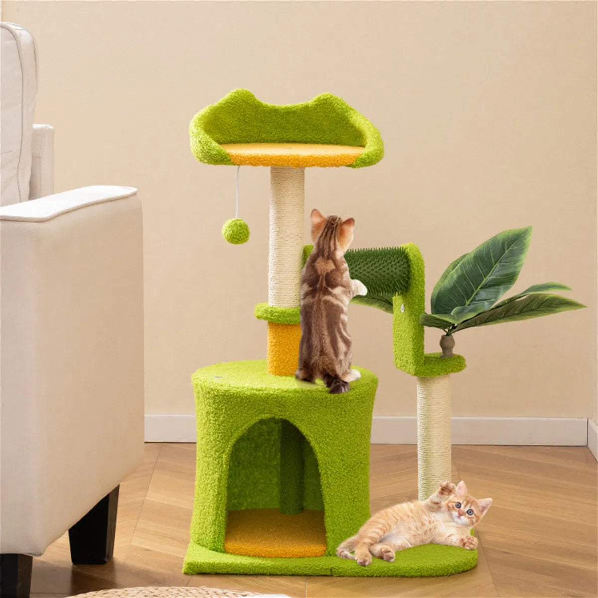 Cat Tree - 22LBS Capacity, Palm Tree Design with Self-Groomer & Scratching Posts
