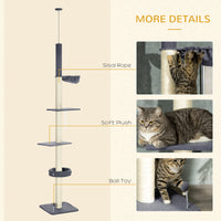 Floor To Ceiling Cat Tree, 5-Tier Cat Climbing Tower, 95-106 Height Adjustable with Carpeted Platforms, Cozy Bed, Hammoc