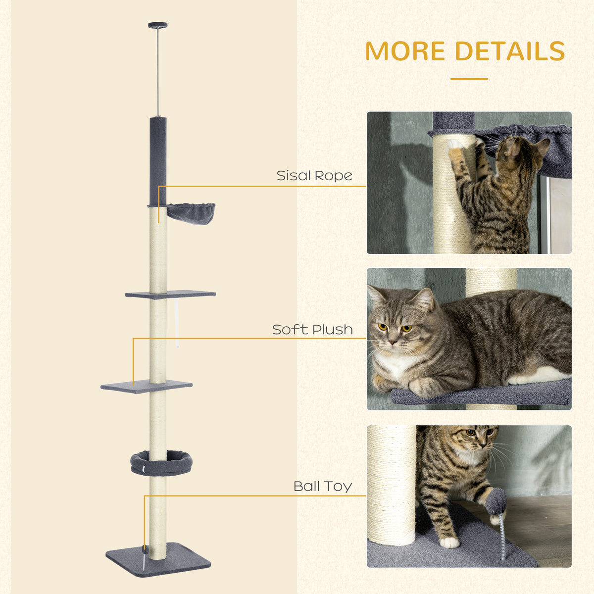 Floor To Ceiling Cat Tree, 5-Tier Cat Climbing Tower, 95-106 Height Adjustable with Carpeted Platforms, Cozy Bed, Hammoc