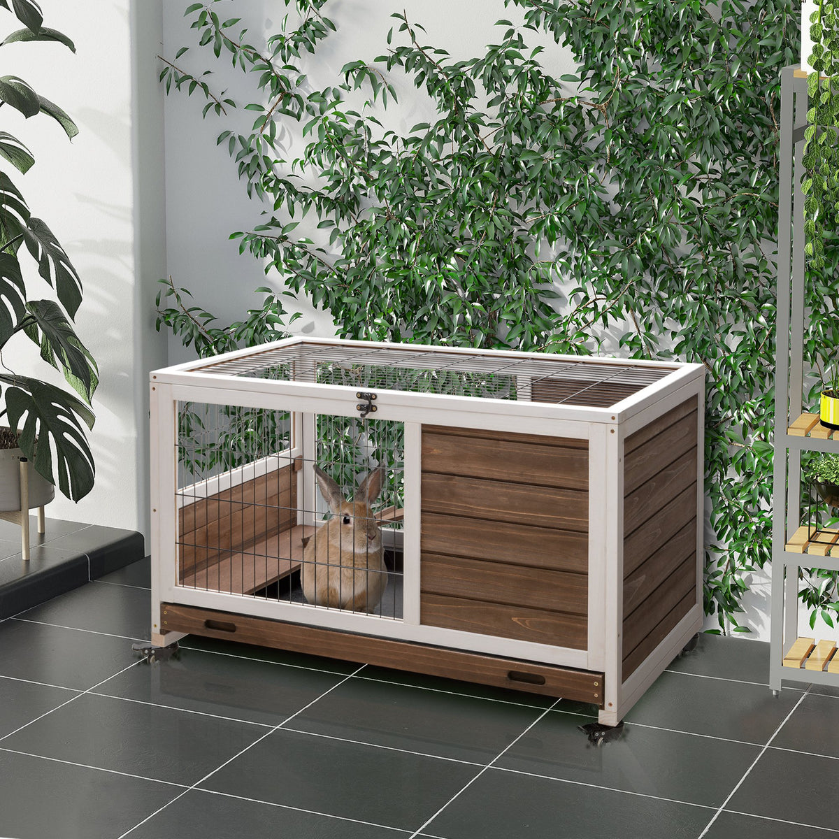 Indoor Rabbit Enclosure, On Wheels, Indoor Bunny Cage Small Animal House With Pull Out Tray Casters Ramp, 35.5 X 21 X 23