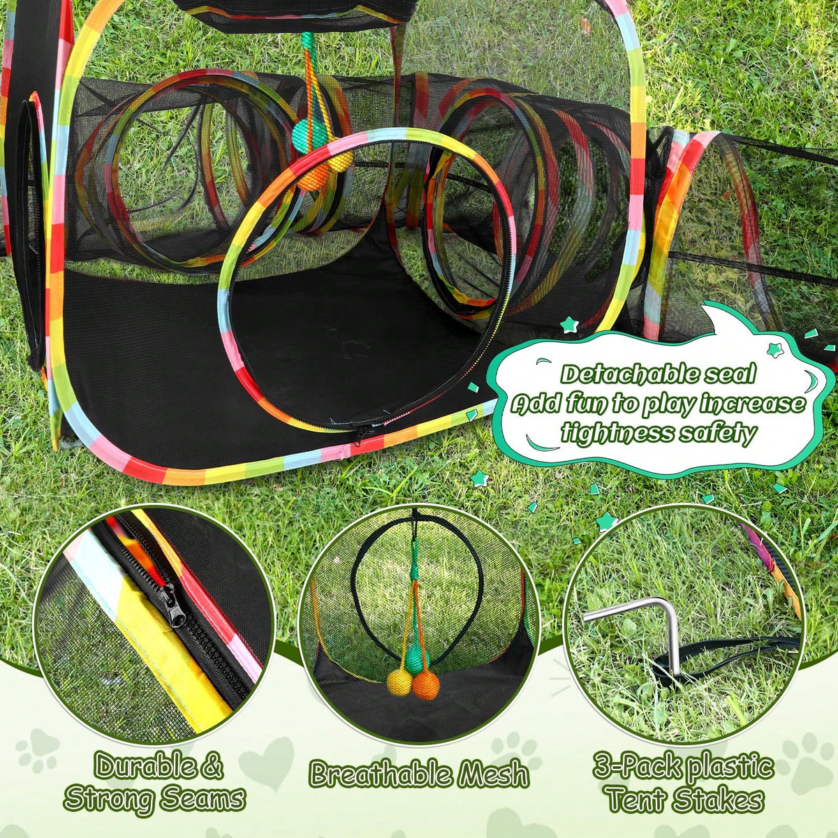 Outdoor Rainbow Cat Enclosure, 5 In 1 Portable Cat Tents For Outside Cage Free Outside Pet Enclosure Cat Tunnel Outdoor 