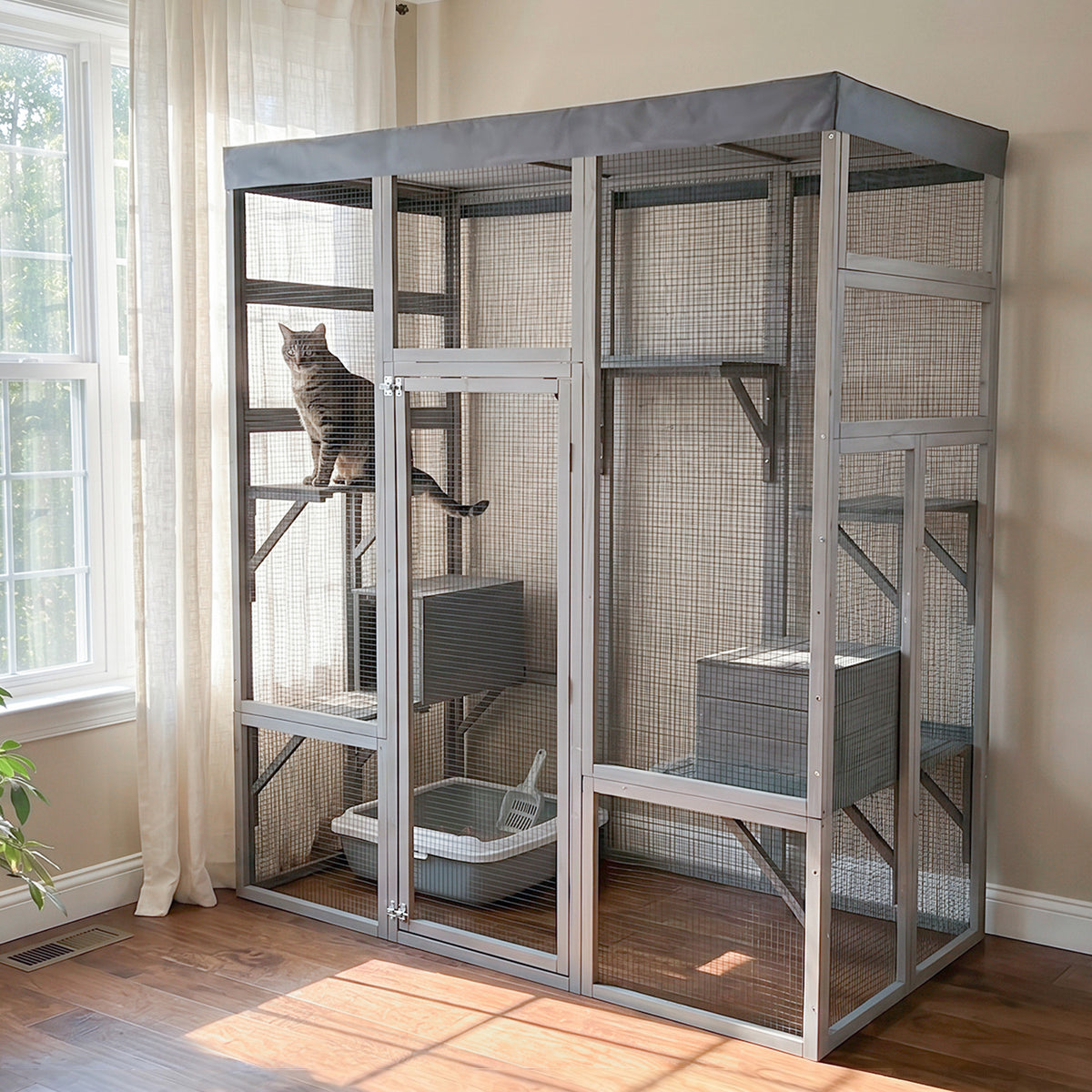 Gray Wooden Catio Pet Enclosure with Waterproof Top, Spacious and Secure Cat House & Small Animal Cage,2 Napping Boxes