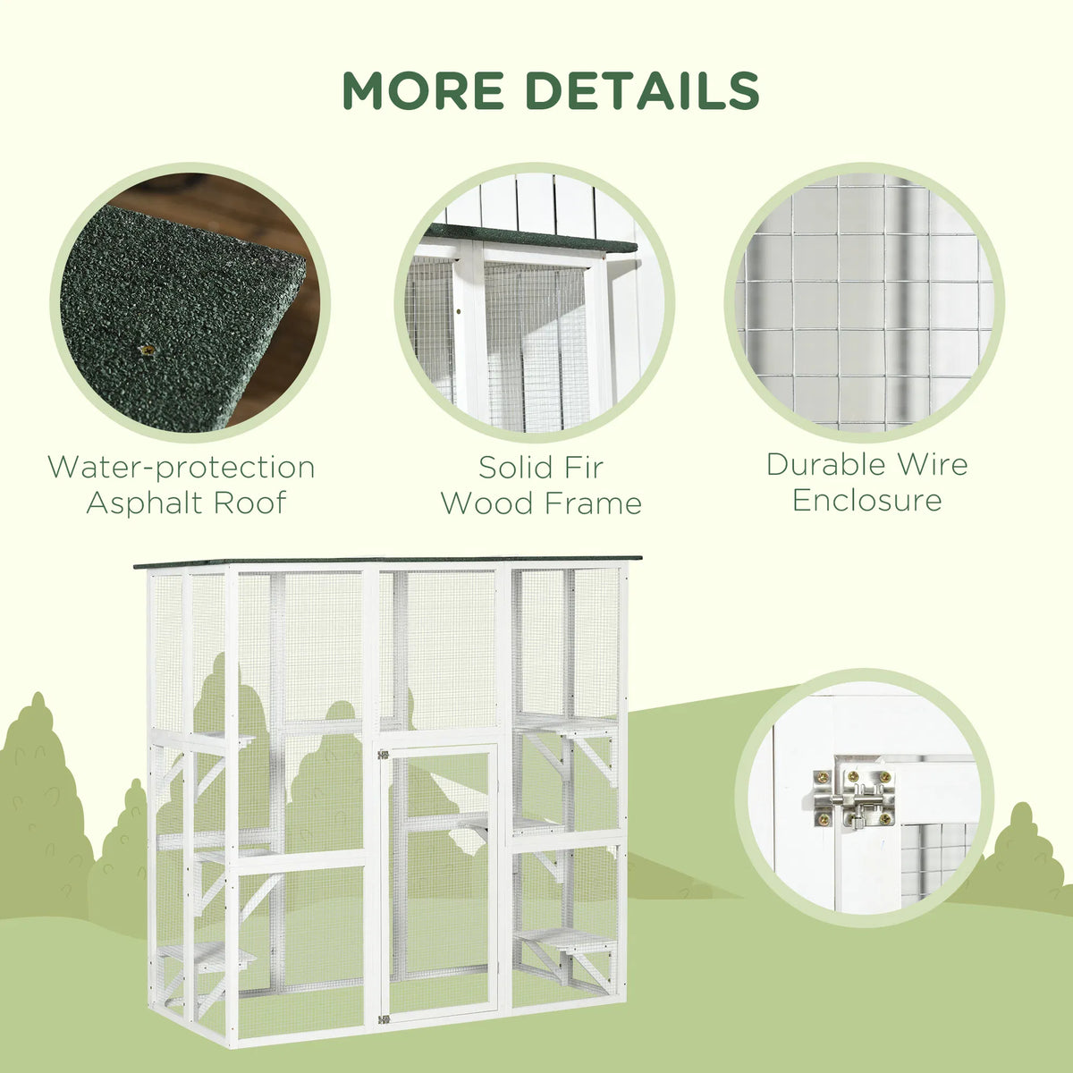 Large Outdoor Catio Enclosure, Wooden Cat Patio with 6 Balanced Platforms and Asphalt Roof, 70.9" x 38.6" x 70.9", White
