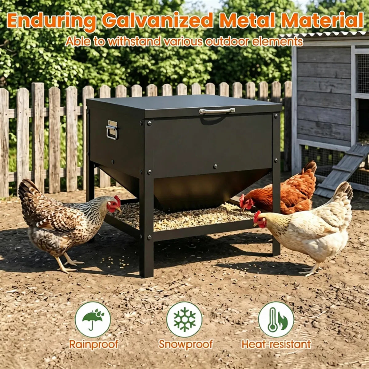 Heavy Duty Stainless Steel Chicken Feed Hopper with Lift Top Cover, Raised Legs Spill-Proof Poultry Feeding Box for Back