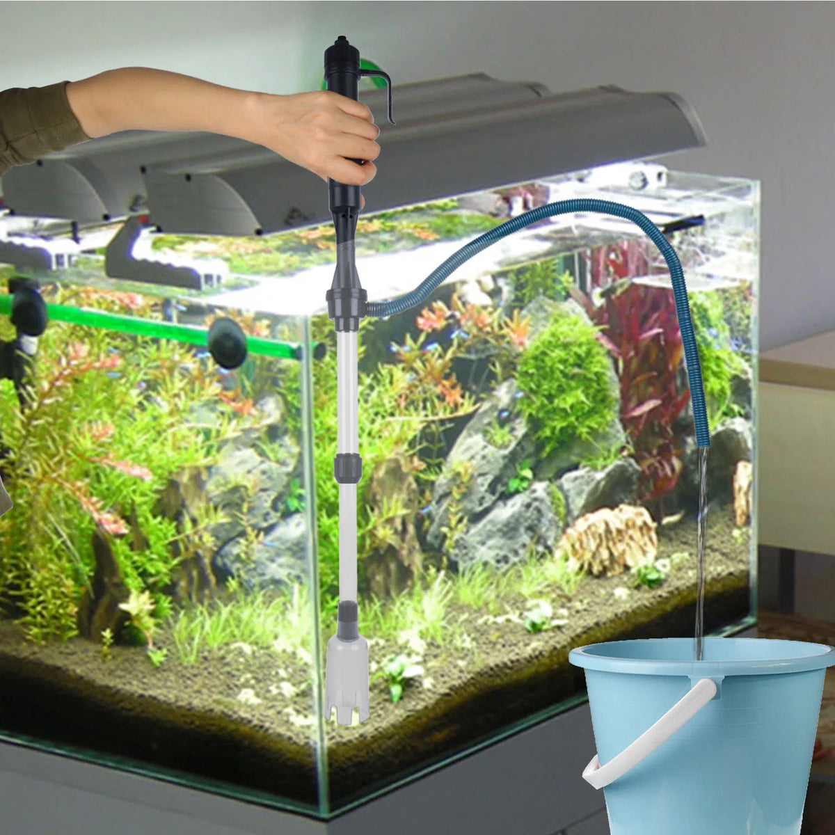 2-in-1 Aquarium Gravel Cleaner & Siphon Pump, Battery Powered Dirt/Fish Waste Remover, Adjustable Tubes for Small/Medium