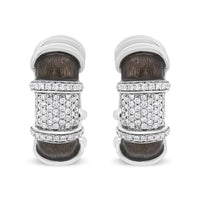 18K White Gold Flash Plated .925 Sterling Silver Clear Graphite Grey Enamel 5/8 Cttw Round Diamonds Huggie Hoop Earrings (F-G Color, VS1-VS2 Clarity)