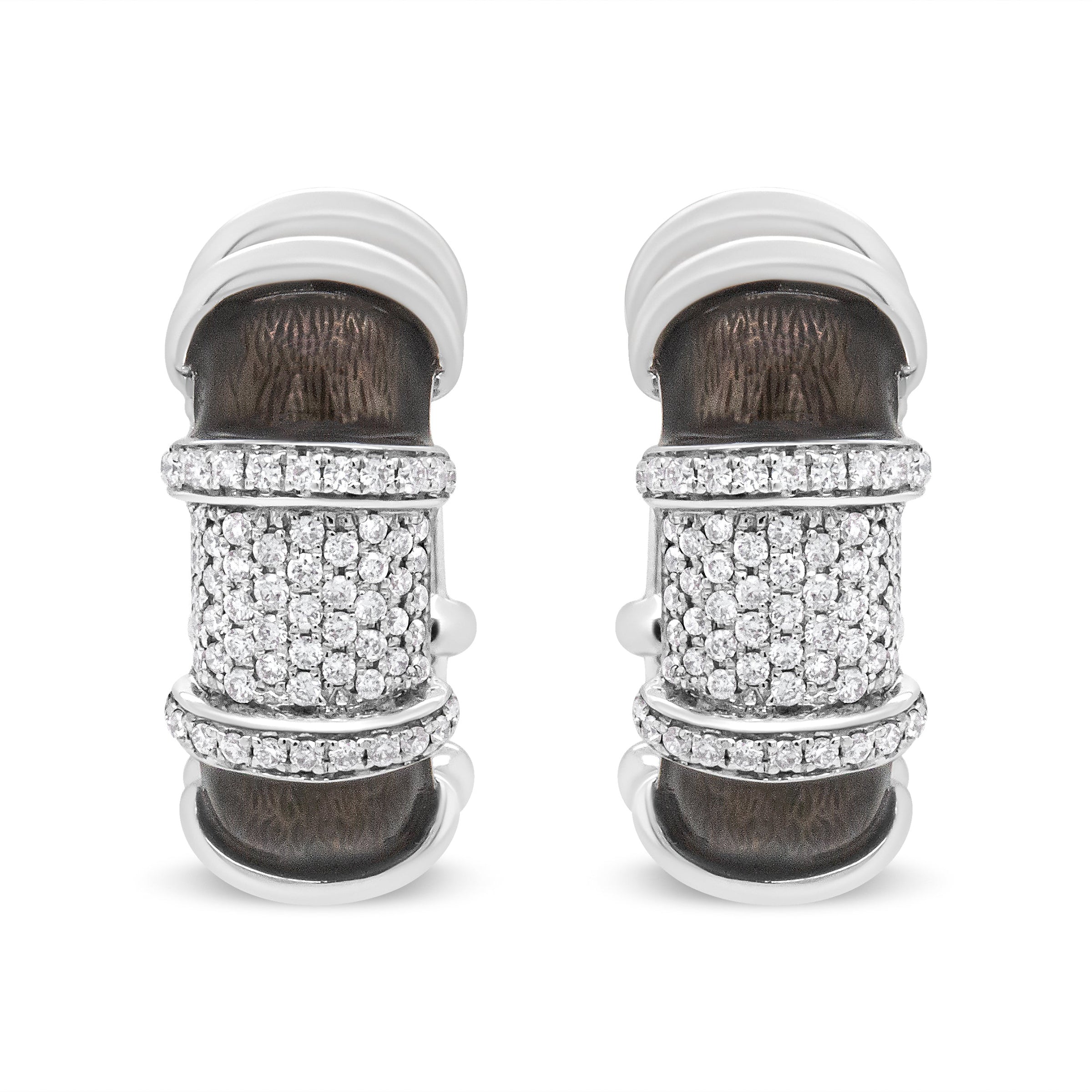 18K White Gold Flash Plated .925 Sterling Silver Clear Graphite Grey Enamel 5/8 Cttw Round Diamonds Huggie Hoop Earrings (F-G Color, VS1-VS2 Clarity)