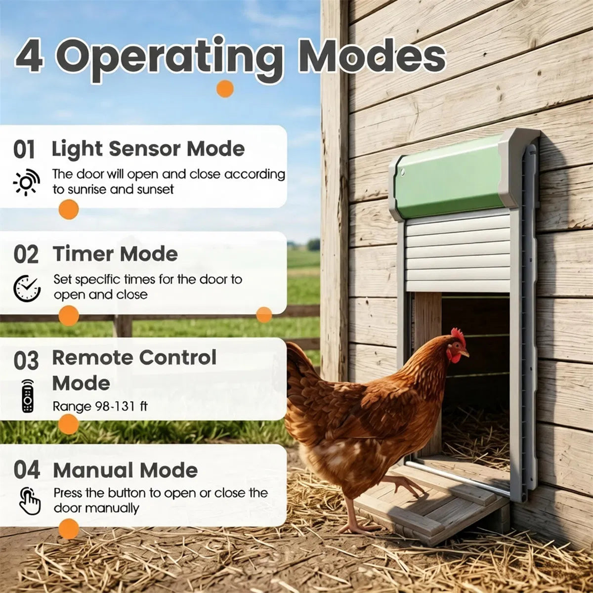 Solar Powered Automatic Chicken Coop Door with 4 Modes Light Sensor Timer Remote Control, Anti-Pinch Weatherproof Alumin