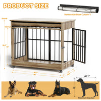 46in Large Dog Crate Furniture, Double Door Wooden Indoor Dog Kennel Furniture, Decorative Pet Cage End Table With Wheel