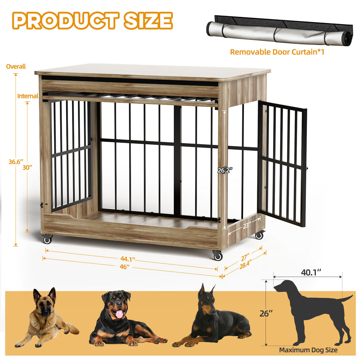 46in Large Dog Crate Furniture, Double Door Wooden Indoor Dog Kennel Furniture, Decorative Pet Cage End Table With Wheel