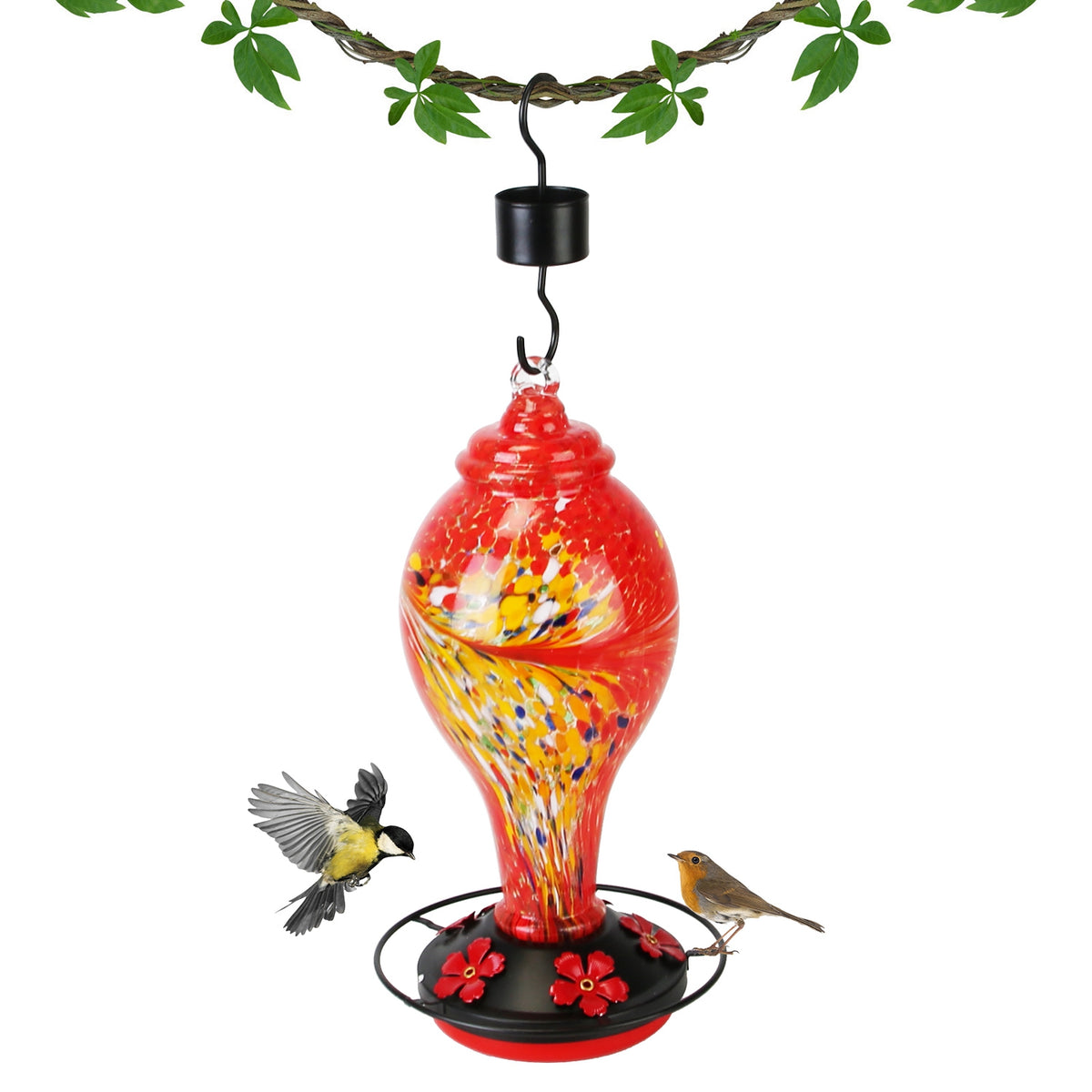 1Pc Glass Hummingbird Feeder 33OZ Hand Blown Hummingbird Feeder With 5 Flower Feeding Port Perch Ant Moat Hanging Hook S