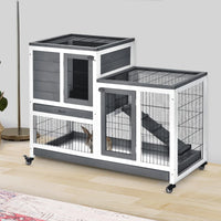 Wooden Rabbit Hutch Elevated Bunny Cage Indoor Small Animal Habitat With Enclosed Run With Wheels, Ramp, Removable Tray 