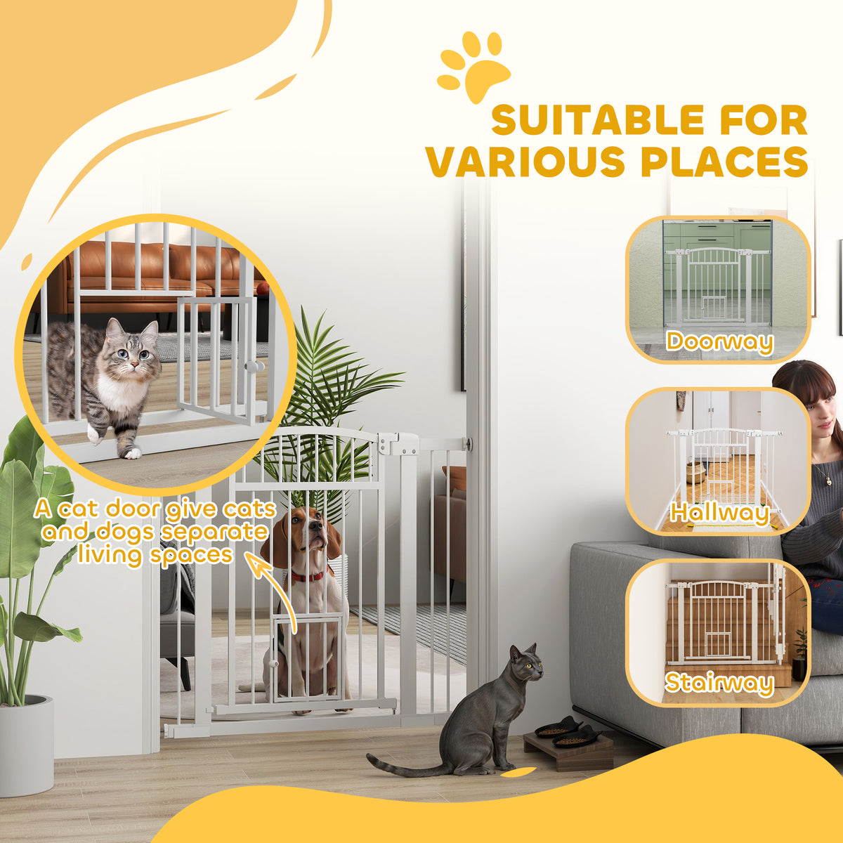 30"-41" Extra Wide Walk Through Dog Gate w/ Cat Door, 3-Inch & 5.5-Inch Extension Kits, 30" High