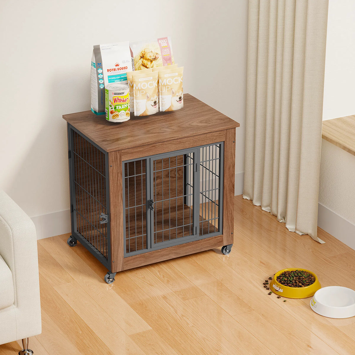 27.2" Dog Crate Furniture with Wheels for Small Dogs, Heavy Duty Dog Kennel Indoor with 2 Doors, Wooden Pet Cage End Tab