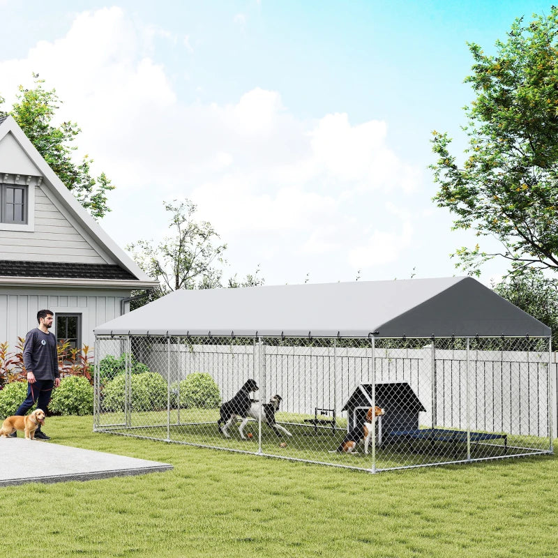Heavy Duty Outdoor Dog Kennel With Waterproof Roof, 2 Secure Latches, Chain Link Dog Run For Backyard, 20' X 10' X 7'For