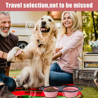 Collapsible Dog Dual Bowls Reinforced Rim 180 Degrees Flip Over Foldable Double Bowl With Lock Clips More Stable Dog Tra