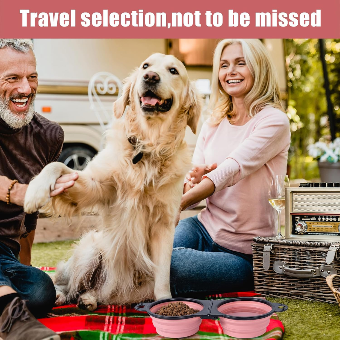 Collapsible Dog Dual Bowls Reinforced Rim 180 Degrees Flip Over Foldable Double Bowl With Lock Clips More Stable Dog Tra