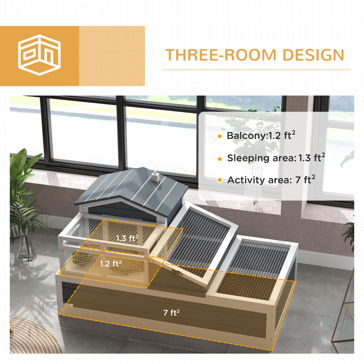3-Room Tortoise Habitat House w/ Balcony & 2 Stories, 44" x 25.5" x 23", Gray