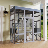 62.6" Wooden Outdoor Catio for Cats, Large Cat Enclosure with Waterproof Roof, 2 Napping House, Platforms & Galvanized W