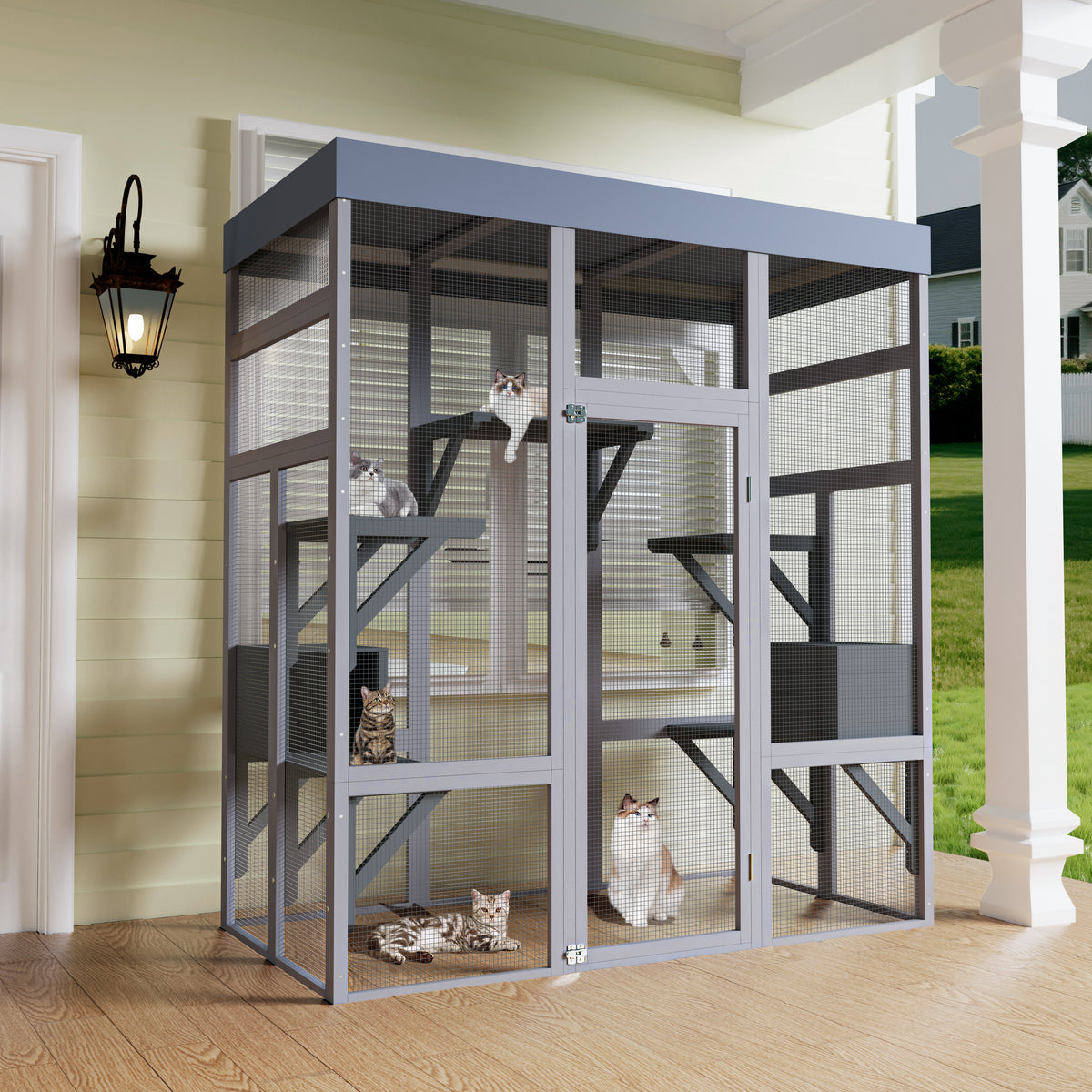 62.6" Wooden Outdoor Catio for Cats, Large Cat Enclosure with Waterproof Roof, 2 Napping House, Platforms & Galvanized W