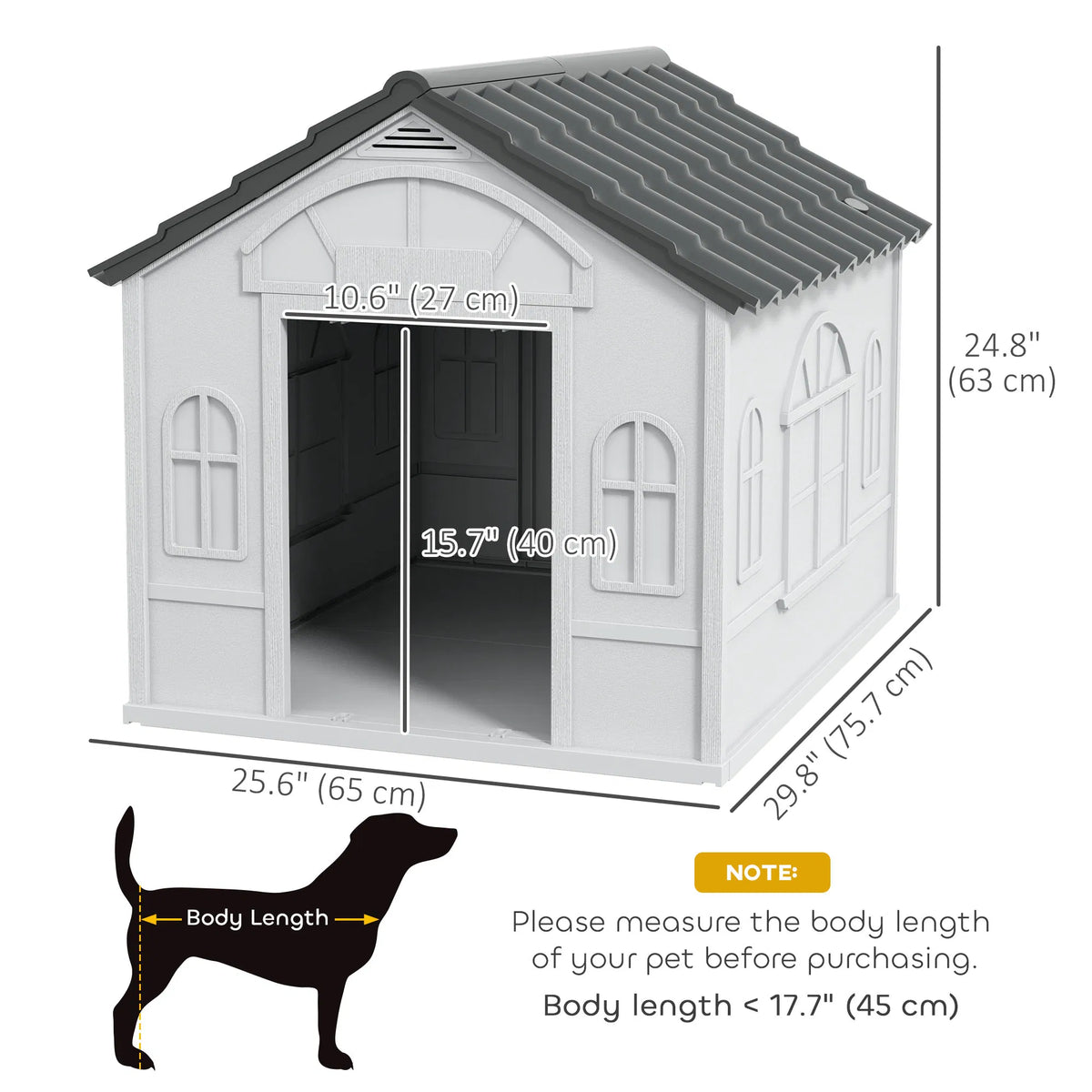26" Plastic Dog House Outdoor with Air Vents, for Small Medium Dogs, Grey