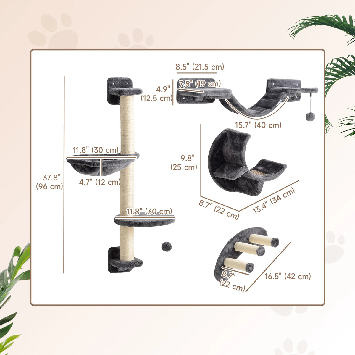 Cat Wall Shelf with Scratching Post, Play Balls, Platforms, Dark Grey
