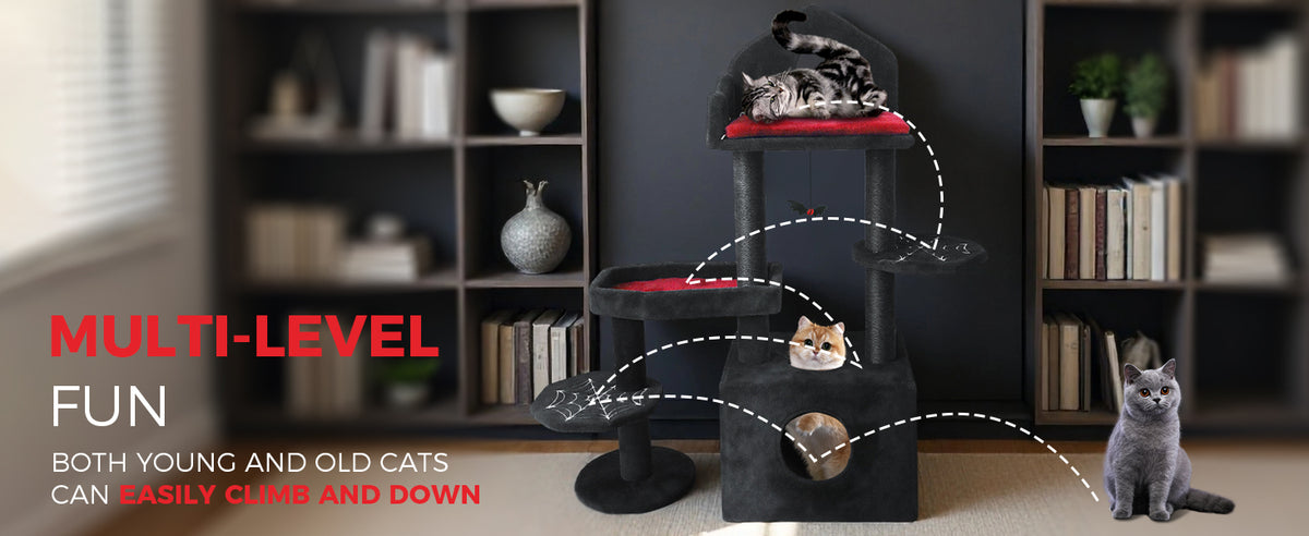 Black Gothic Cat Tree, Multi-Level Spooky Cat Tree with Scratching Posts, Perches, Hammock, and Cat Cave - Black Cat Tow