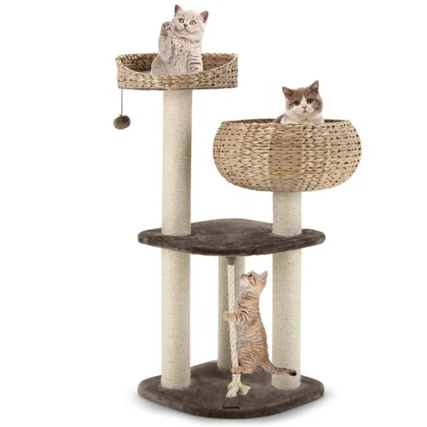 41 Inch Hand-Woven Water Hyacinth Cat Tree, 3 Sisal Scratching Posts Multi-Level Activity Center For Cats-Brown