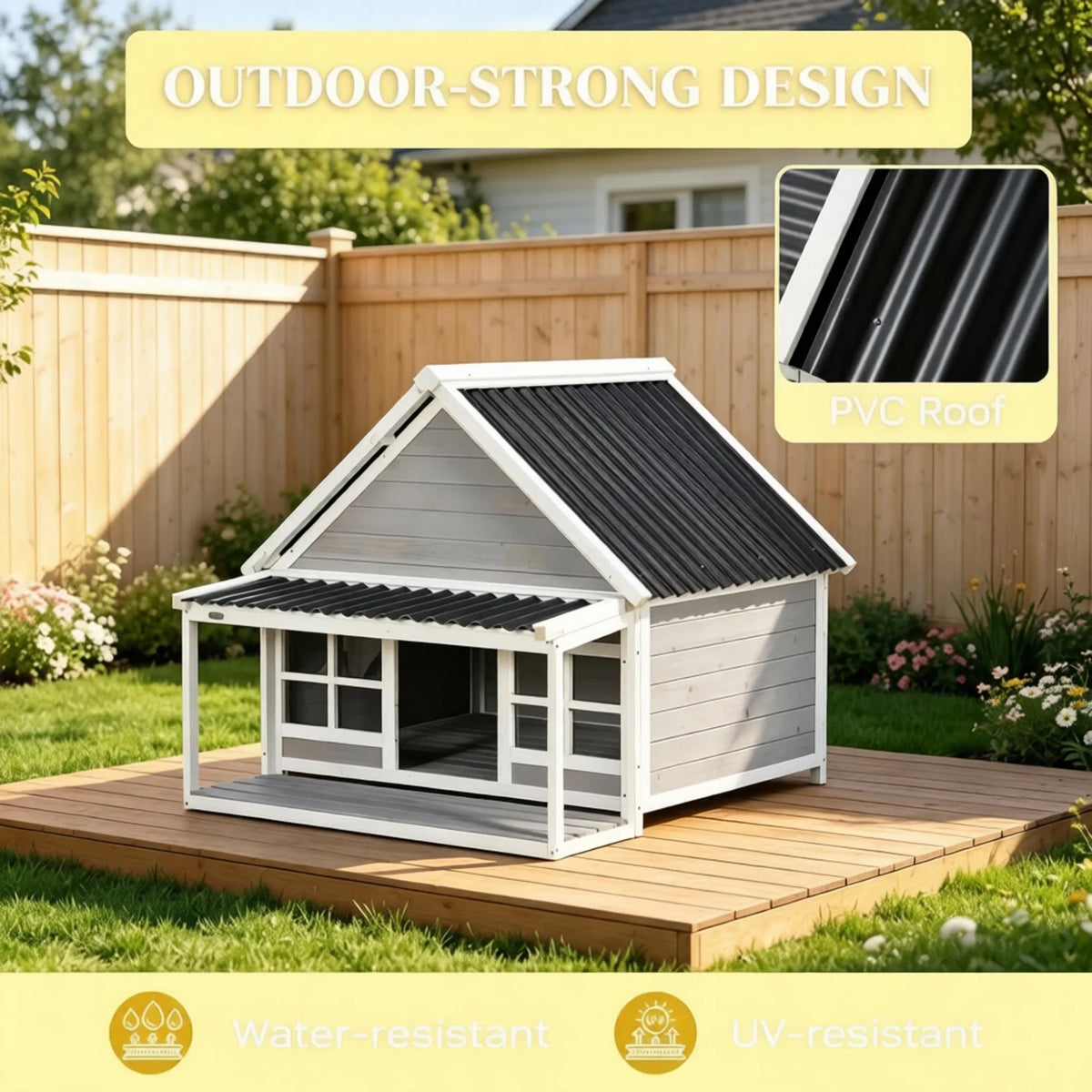 Wooden Dog House with Porch, Outdoor Weatherproof Dog House with Tilt Roof, Front Door and Windows, for Medium and Large