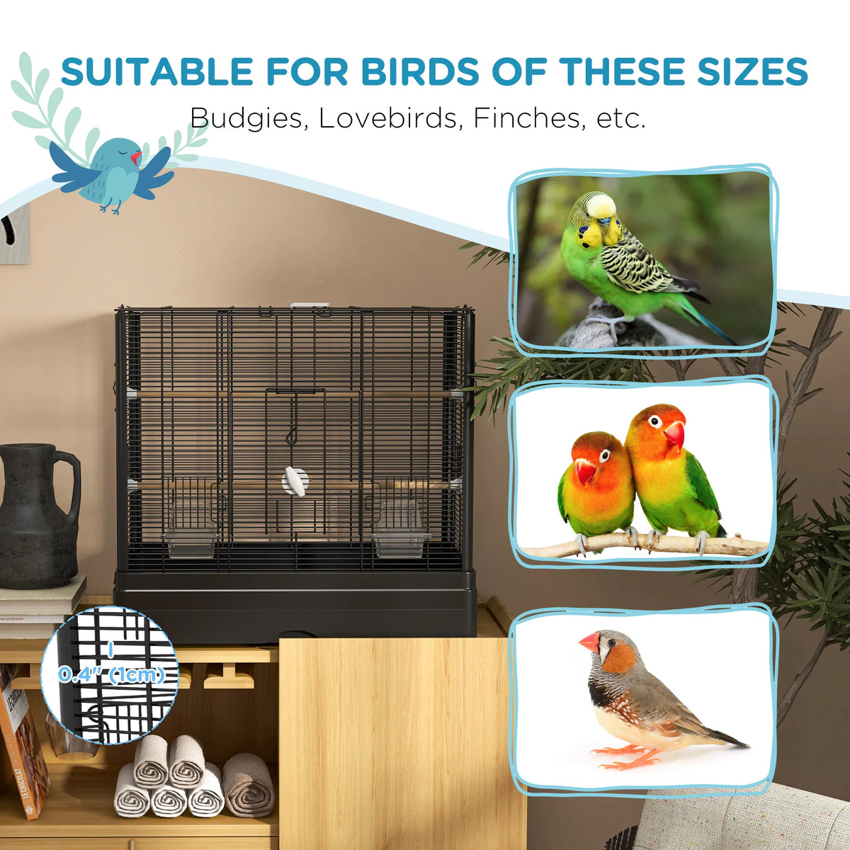 22" Bird Cage for Budgie Finches Canaries Love Birds with Wooden Stands, Slide-Out Tray, Handles, Food Containers, Black