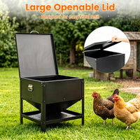 Heavy Duty Stainless Steel Chicken Feed Hopper with Lift Top Cover, Raised Legs Spill-Proof Poultry Feeding Box for Back
