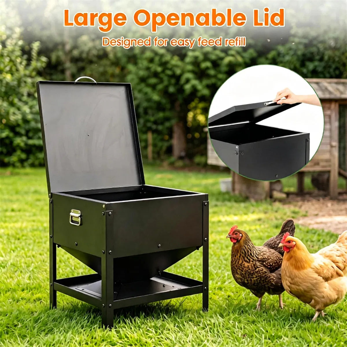 Heavy Duty Stainless Steel Chicken Feed Hopper with Lift Top Cover, Raised Legs Spill-Proof Poultry Feeding Box for Back