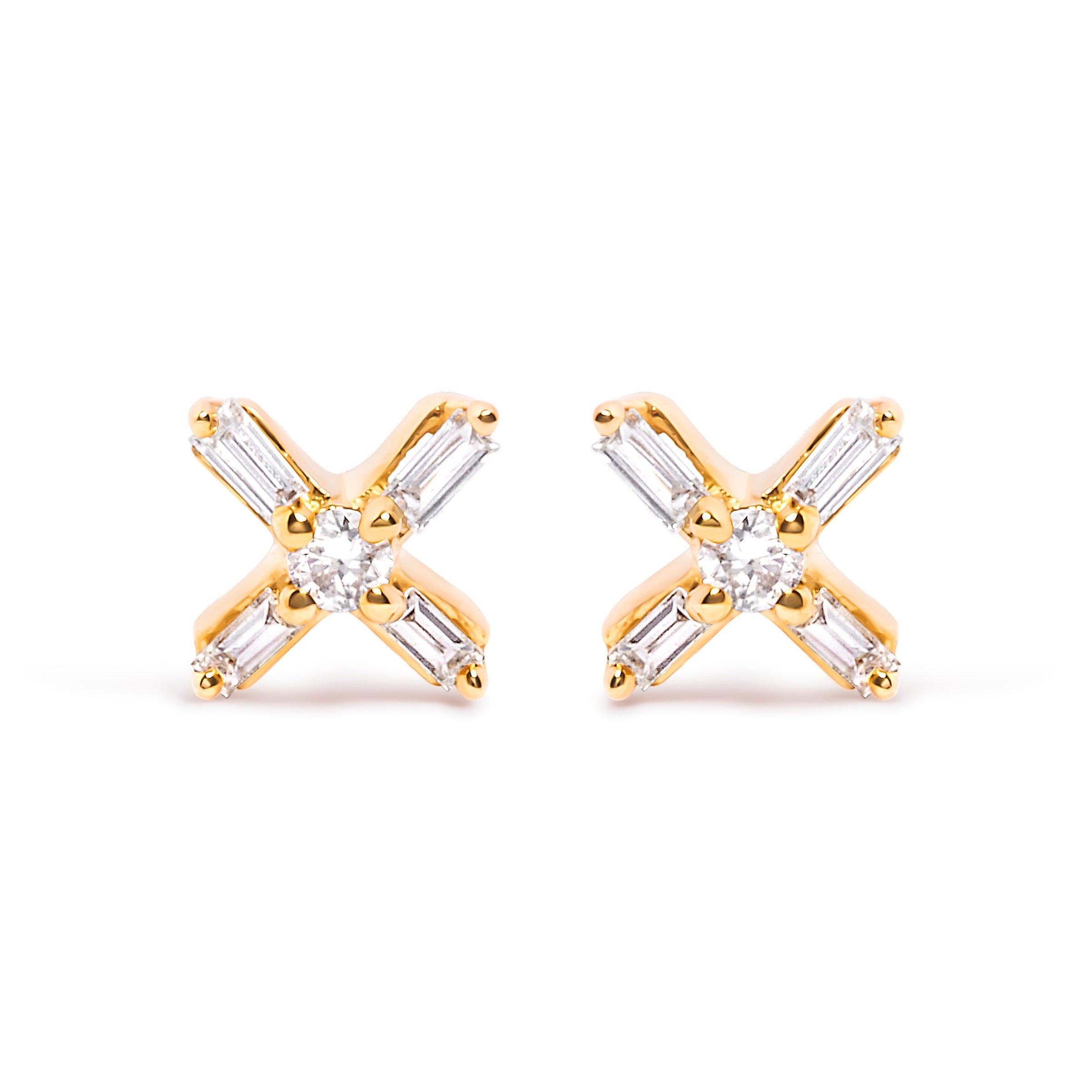 10K Yellow Gold 1/10 Cttw Round and Baguette Diamond Criss Cross X Stud Earring (H-I Color, I1-I2 Clarity)