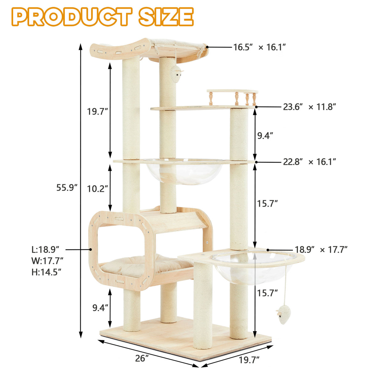 Heavy-Duty No-Drill 4-Story Cat Tree-Solid Wood Multi-Story Boards, Multi-Column Design, 55.9in Cat Tower With Open Cond