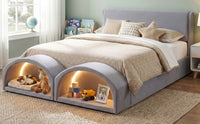 Queen Size Upholstered Platform Bed Frame with Dual Cat Caves, LED Lighted Pet Nests at Footboard, Gray