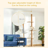 PawHut Floor-to-Ceiling Cat Tree Cat Climbing Tower With Sisal-Covered Scratching Posts Natural Cat Tree Activity Center