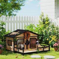 Dog House Outdoor, Wooden Dog Kennel Weatherproof with Porch, Openable Roof, Removable Bottom, Elevated Floor, Double Ro