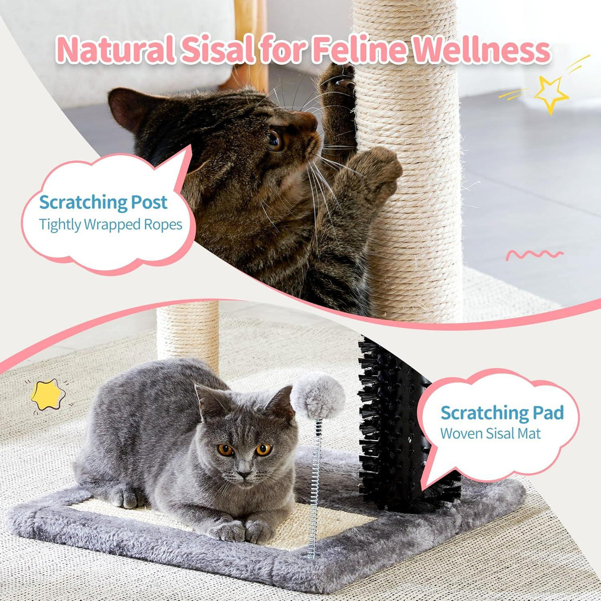 Small 4-in-1 Cat Tree Tower With Self-grooming Brush And Natural Sisal Scratching Post, Soft Plush Cat Bed And Hanging B
